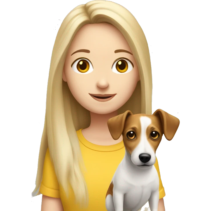 Long haired white girl wearing yellow top with jack russell emoji