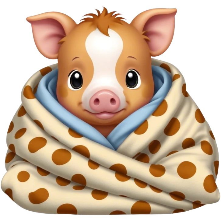 Spotted baby kunekune pig cozy in a blanket emoji