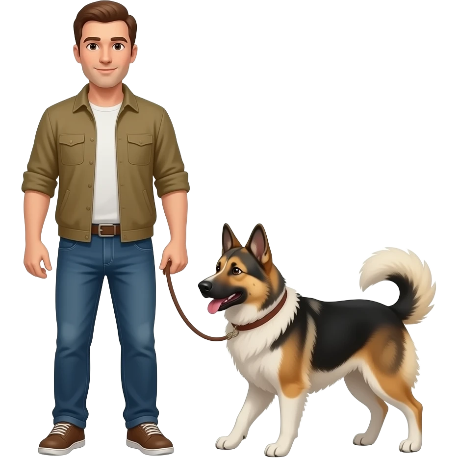 Man walking shepski dog on a leash emoji