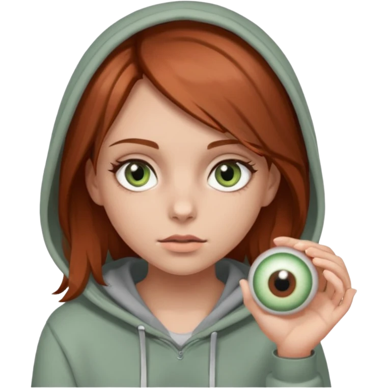 A girl with medium-length reddish-brown hair and hazel-green eyes, wearing a gray hoodie and holding an eyeball.  emoji