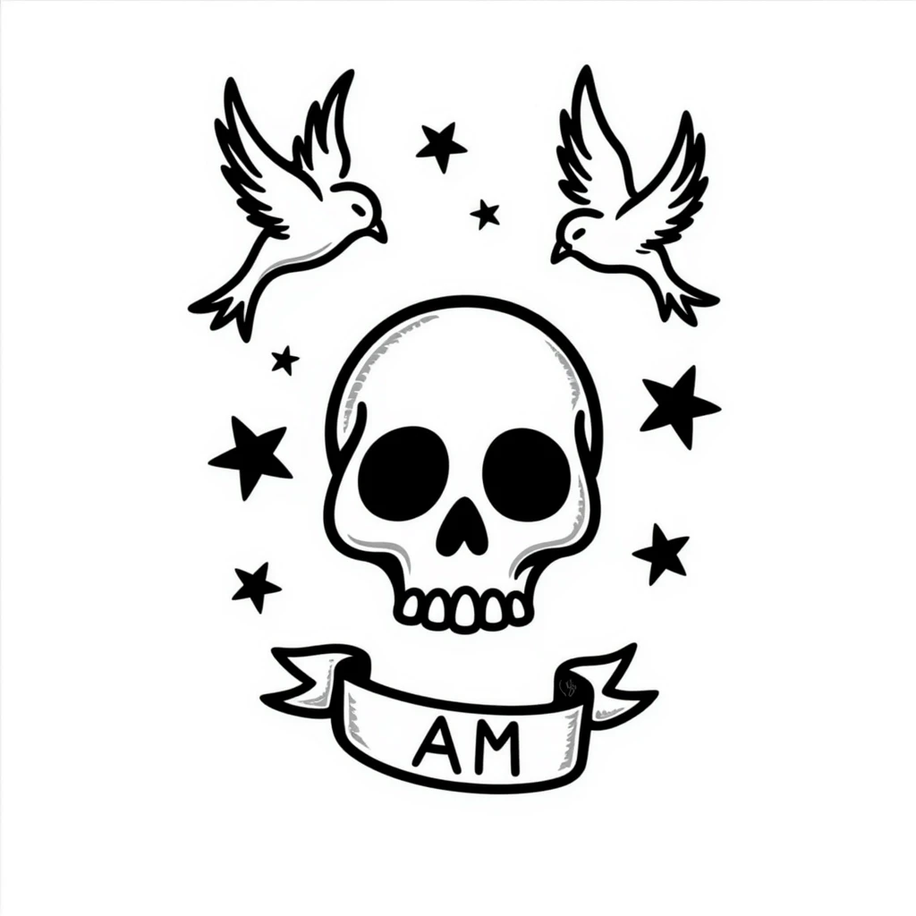Old school Americana tattoo skull with nautical stars and swallows emoji