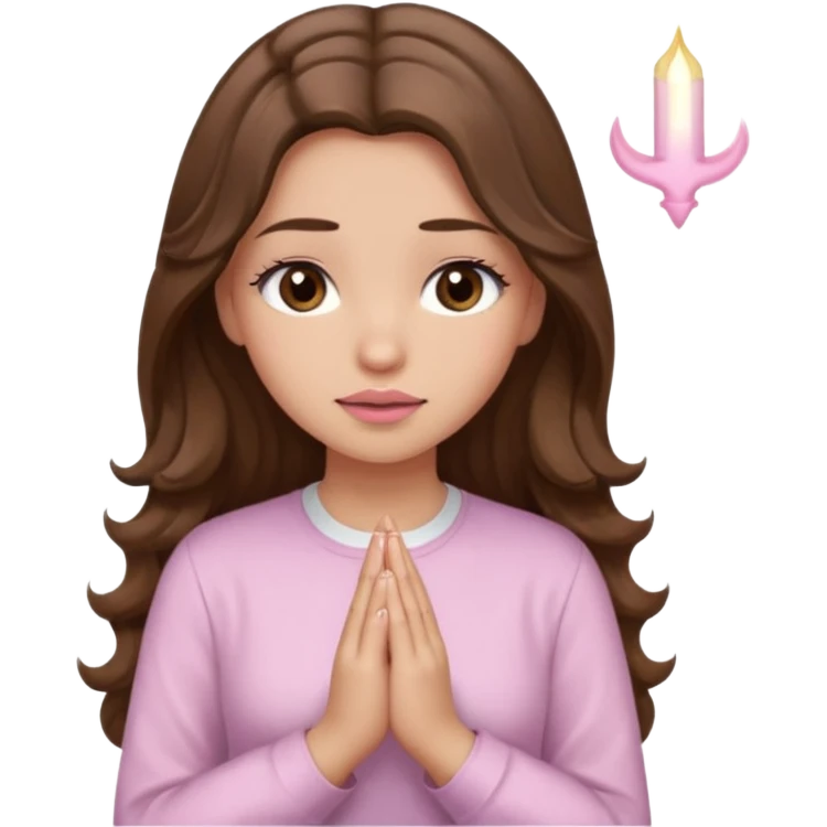 girl with wavy long brown hair, brown eyes, light to medium complexion, long lashes, light pink lipstick, praying, wearing light pink shirt emoji