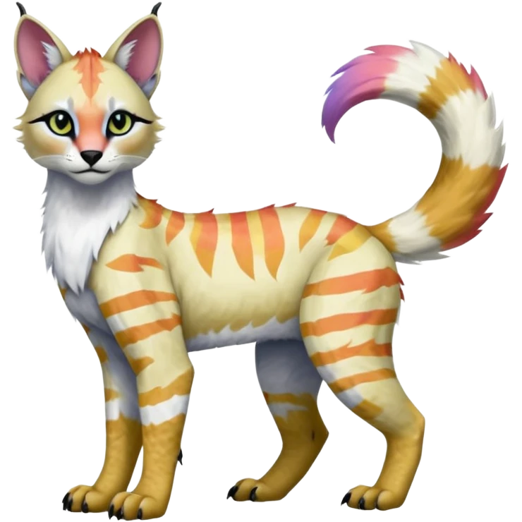 Colorful tropical tribal pale light fruity pastel white glorious iridescent divine exotic cute albino neon vibrant zigzagged cool beautiful fantasy-caracal-civet-genet-sergal-vernid-Gryphon-Cacomistle-Trico-oncilla-animal-Fakémon-hybrid-fursona (full body), facial markings,  emoji