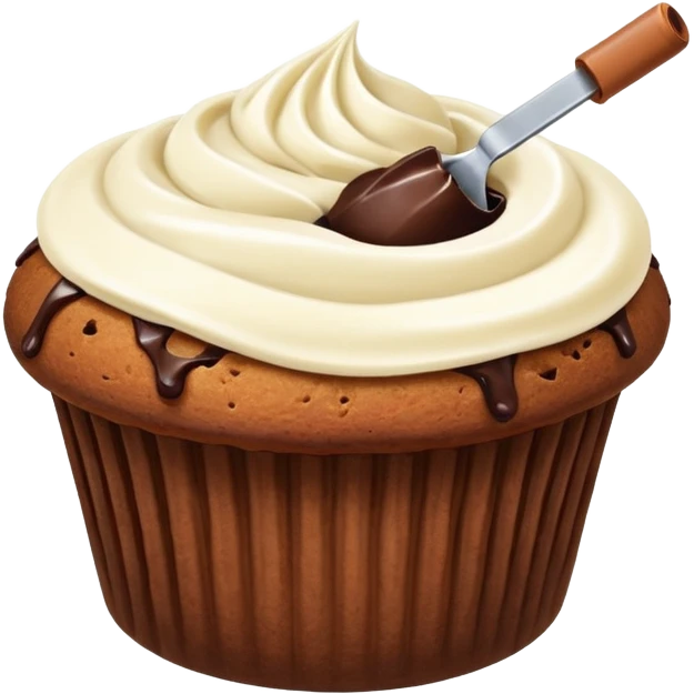 A tube pumping cream into a hole in a muffin emoji