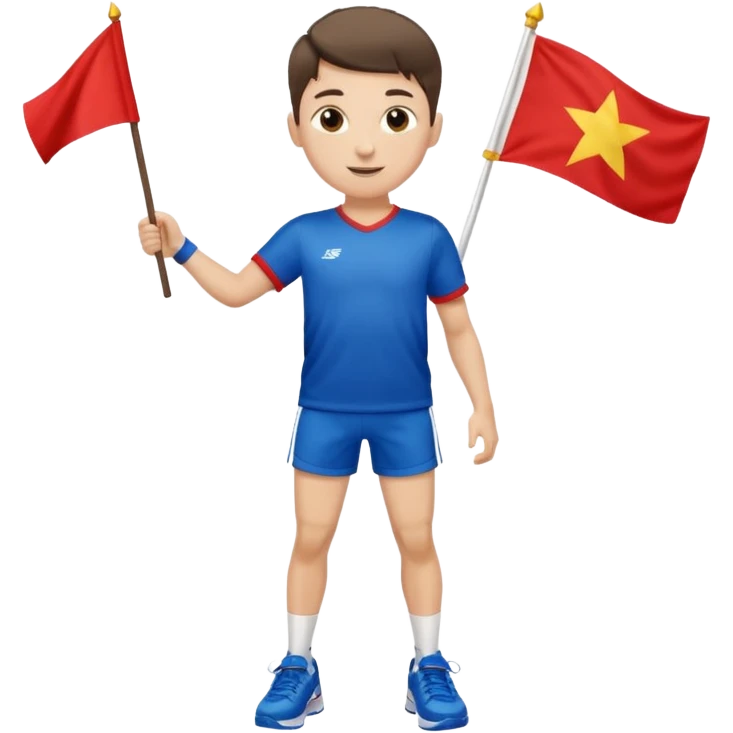 A boy in a jersey, excitedly lifting a small handheld flag and shorts with simple sport shoes emoji