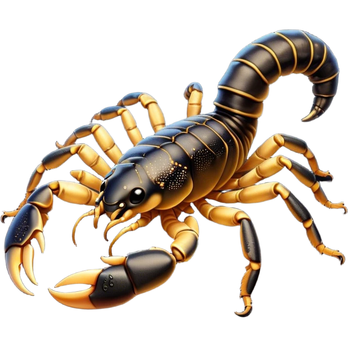 Cinematic Cute Emperor Scorpion Portrait Emoji, Head tilted playfully and inquisitively, with a compact, rugged build and a sleek, dark exoskeleton highlighted by delicate, intricate patterns and round, sparkling eyes full of curious defiance, Simplified yet irresistibly adorable features, highly detailed, glowing with a warm, friendly glow, high shine, affectionate and quirky, stylized with a touch of desert whimsy, soft glowing outline, capturing the essence of a mischievous yet endearing scorpion that feels like it could pinch its way out of the screen into your arms! emoji