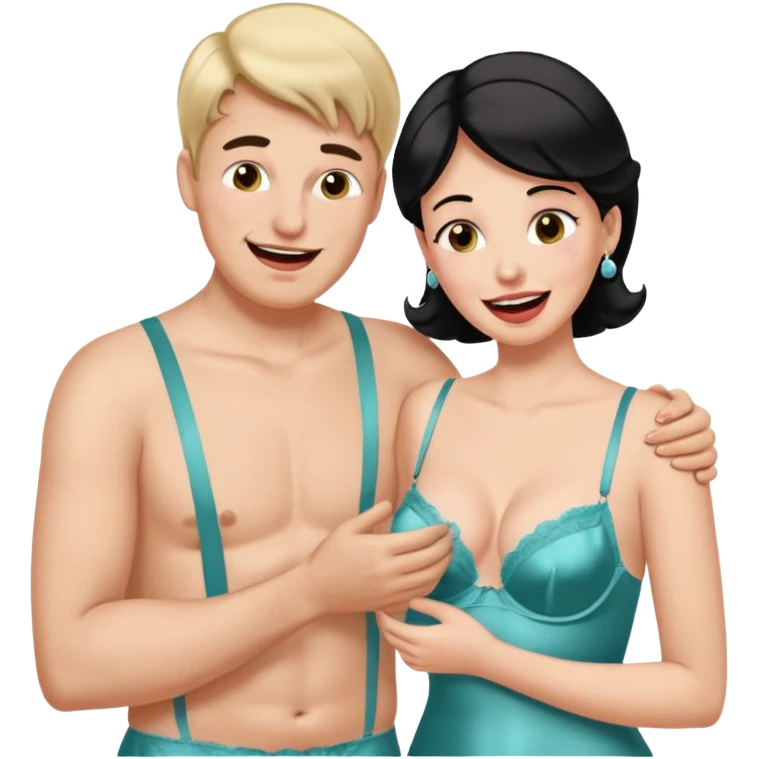 male getting sissified in lingerie by his smug wife. the wife is crying with laughter emoji