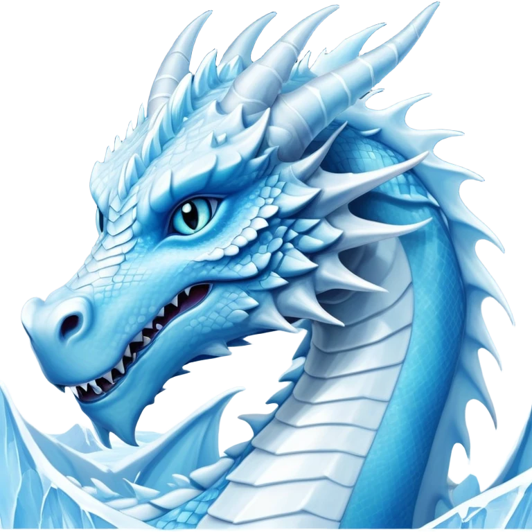 Cinematic Noble wise elegant Ice Dragon Portrait Emoji, Poised and imposing, distinct long elegant snout, with a slender, scaled body shimmering in glacial hues of icy blue, frostbitten silver, and crystalline white, breathing out frost, with piercing, glowing ice blue white eyes that radiate the chilling depths of an arctic storm; rendered in detail. excuding wisdom emoji