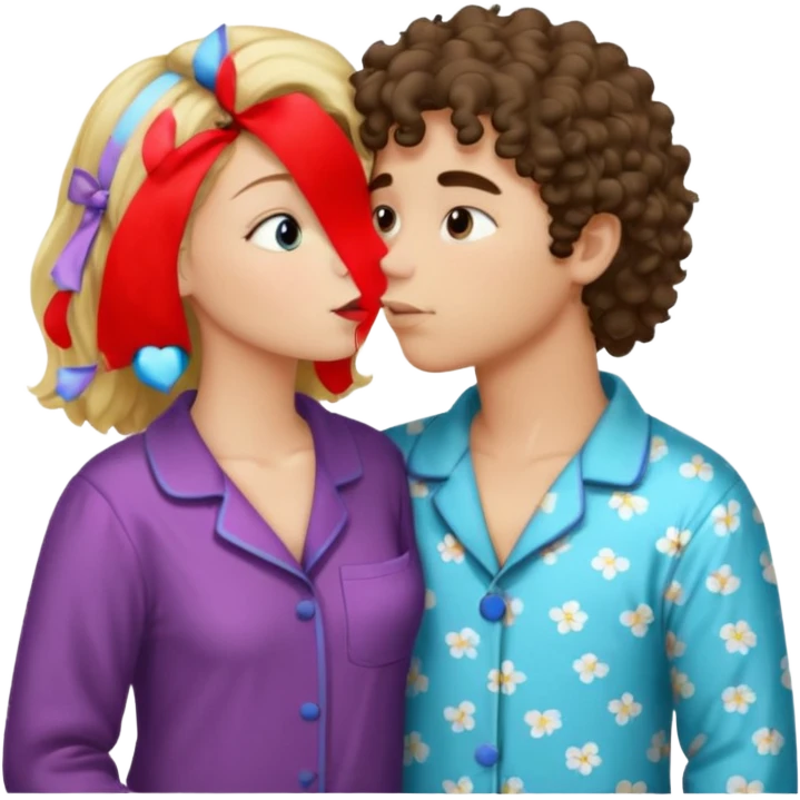 Blonde straight hair girl and dark brown curly haired boy kissing in pajamas emoji