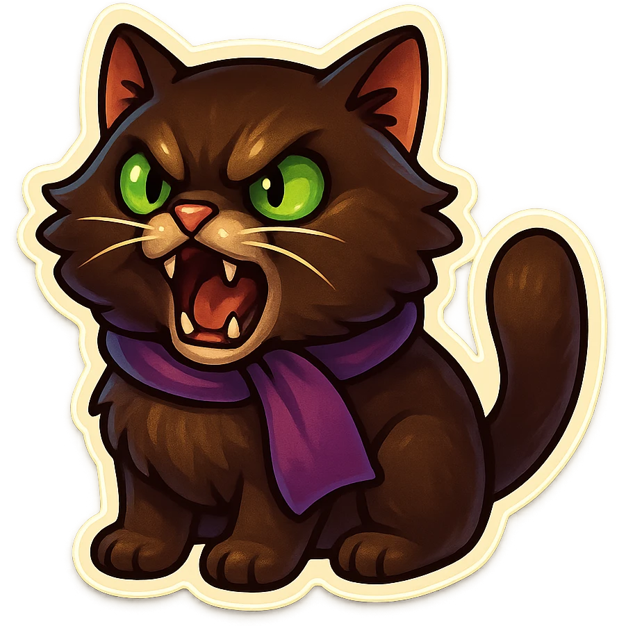 Fluffy angry livid screaming hissing cute dark-brown cat with green eyes and a purple scarf  emoji