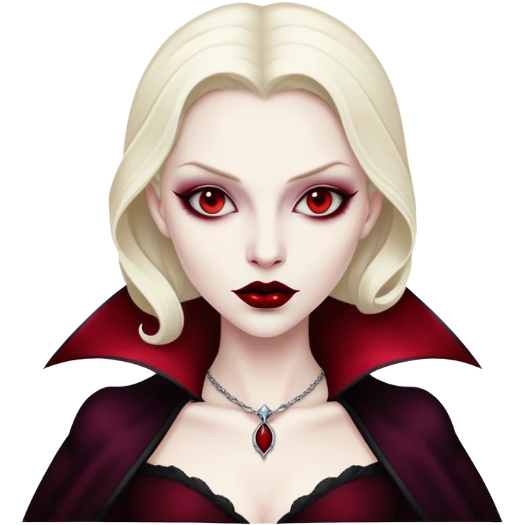 Cinematic Noble Vampire Portrait Emoji, Elegant and commanding, with a refined, pale visage framed by dark, velvet accents and a hint of crimson, exuding timeless seduction and dangerous allure, simplified yet exquisitely detailed, glowing with a soft nocturnal radiance and a subtle, mysterious outline that captures the regal spirit of an immortal lord of the night! emoji