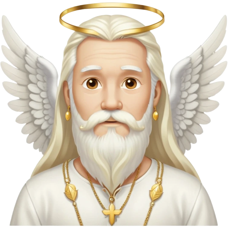 God, man with long white hair, beard and white mustache, white angel wings on his back, gold earrings hanging from ears emoji