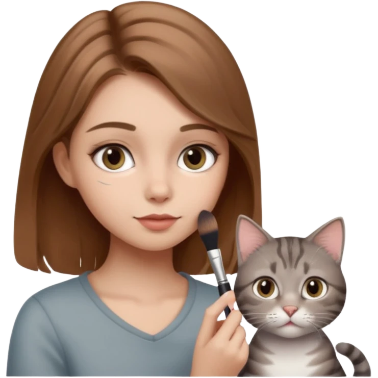 A image of a girl with light brown hair doing her makeup with her grey tabby cat emoji