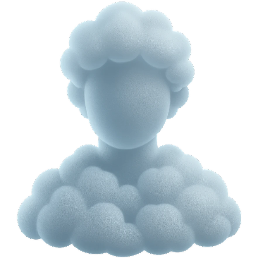 shoulder-up portrait of a person facing forward, fully composed of bright, convex clouds with a slight glow, matte glass style emoji