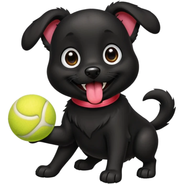 Cute emoji-style illustration of a happy black dog playing with a tennis ball, shiny black fur, joyful expression with tongue out, big expressive eyes, playful pose, vibrant colors, smooth clean lines, high resolution, sticker-style, transparent background emoji