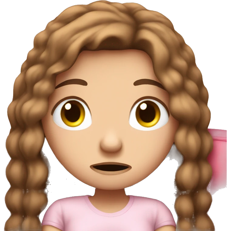 sad white girl with long brown hair crying on the cozy pink couch  emoji