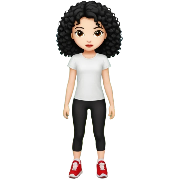 generate a pretty bratz fair skinned girl with curly black hair wearing a white tshirt trekking on a hill with red sneakers on and black leggings.  Put a hill behind her emoji