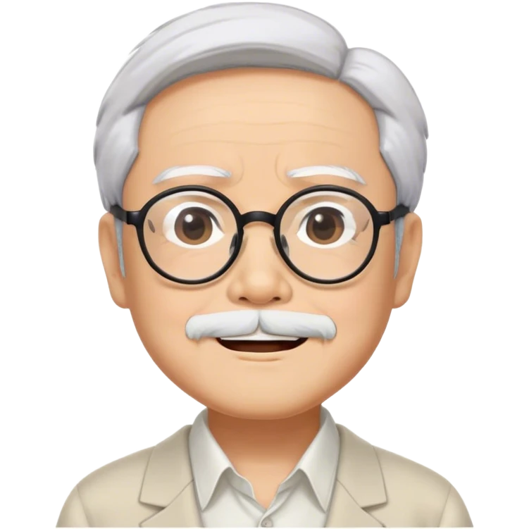 ​Cinematic Realistic Portrait of Hayao Miyazaki, depicted with defined black eyebrows, and large rectangular glasses, his happy expression rendered in lifelike detail, illuminated with soft, realistic lighting that emphasizes his creative genius, emoji