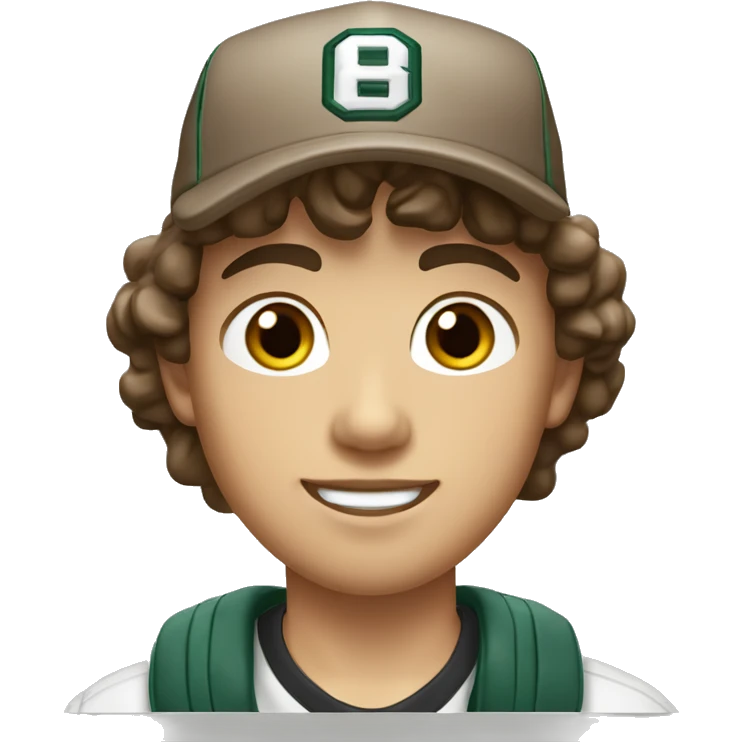 Teenager boy type mexican, White skin, with baseball cap backwards, with wavy brown hair (Which go down behind to the nape of the neck), Little bit dezoom emoji
