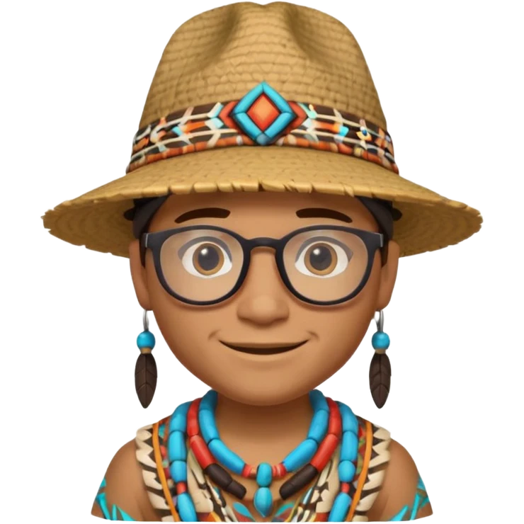 cute Indigenous tribal male character portrait, head and shoulders only, wearing glasses, stylish hat, friendly smile, colorful tribal patterns, 3D cartoon, mobile game icon style, clean background, no text, no watermark
 emoji