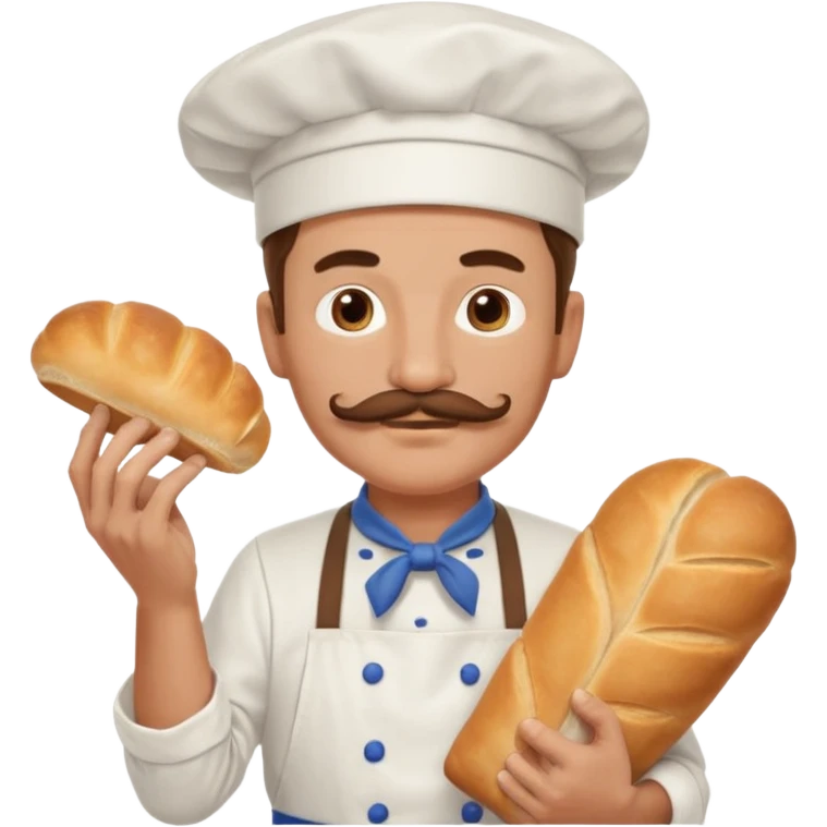 Middle aged male pastry chef - with a mustache, apron, white hat, holding bread emoji