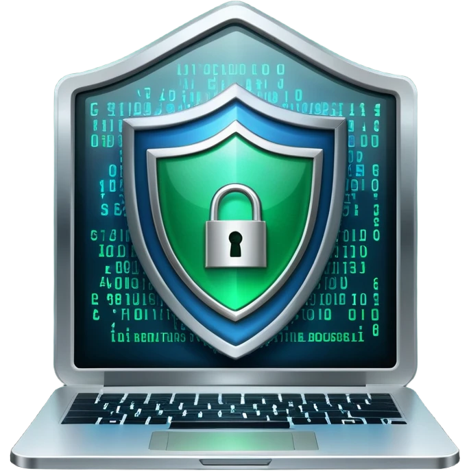 An icon featuring a digital shield with a lock, binary code, symbolizing cybersecurity. The design includes a laptop, warning icons, and secure network nodes, representing protection against cyber threats. Transparent background highlights digital safety and defense. emoji