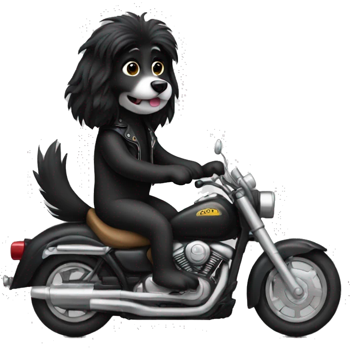 Black long haired dog riding a motorcycle  emoji