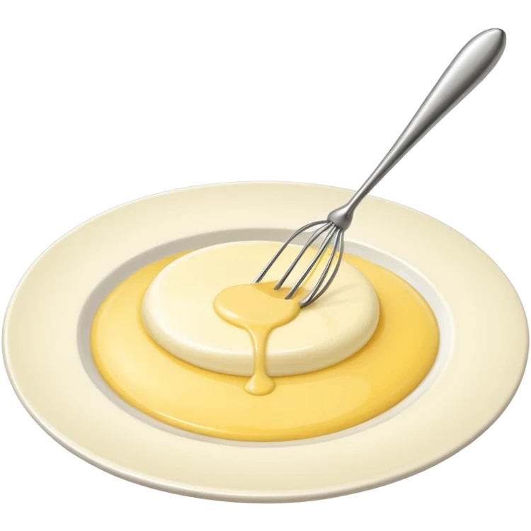 Generate a high-quality image of a dollop of yellow cream on a white plate with a metal whisk placed beside it, realistic color and shading, smooth gradient colors, no facial features, no brand markings, simple white background, high-resolution.
 emoji