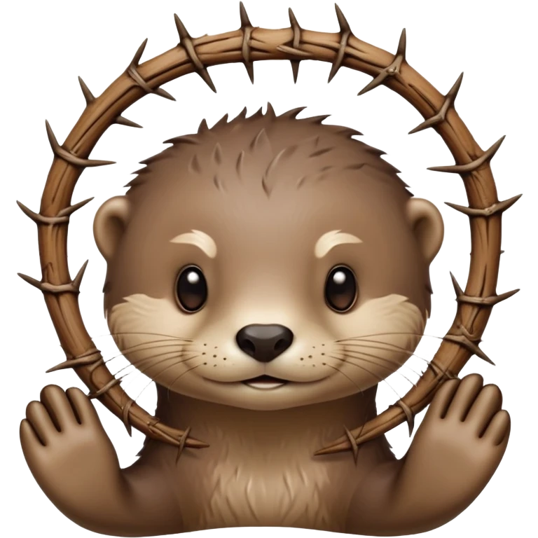 cute otter portrait with thin horizontal thorny branch circling only the forehead, exactly like Jesus Christ's Crown of thorns, no crown shape on top, no metal, just a single wooden thorny stem wrapped horizontally emoji