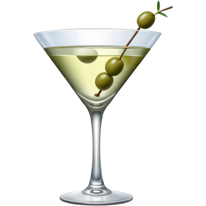 martini glass with 3 olives. no straw, just 1 stick that the olives will be stuck on. olives should have the same size. no leaves at all. liquid should be more white/clear than greek  emoji