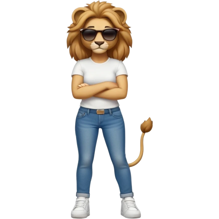 friendly anthropomorphised female lion character, full body, standing confidently with legs shoulder width apart and arms folded, wearing jeans, a white t-shirt, dark sunglasses, and trainers, with a determined expression emoji