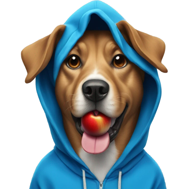 Dog wearing blue hoodie with red apple in mouth  emoji