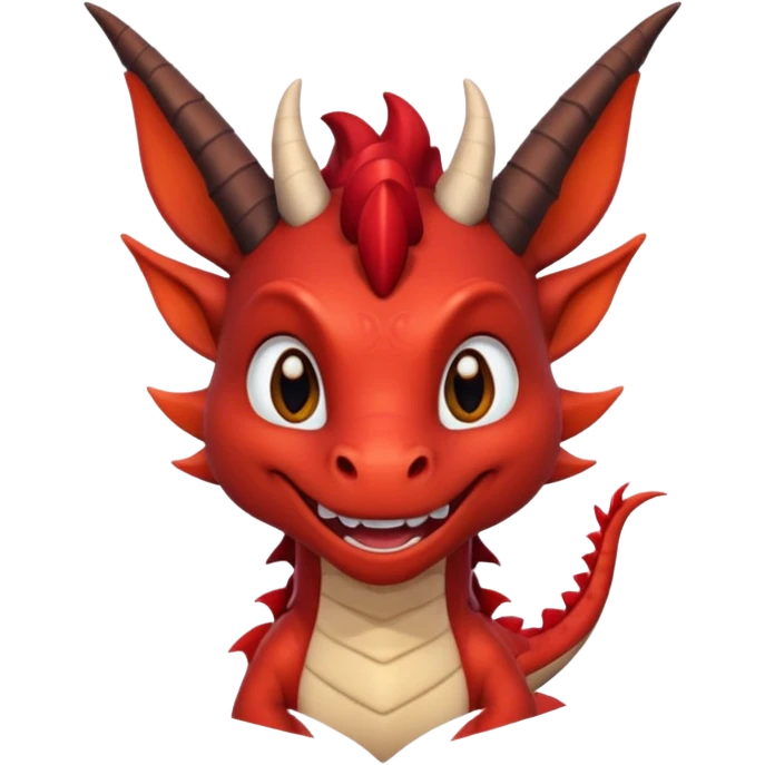 Cute Red dragon smile.  dark horns, pointed ears. Brown mane hair. Head only, Headshot emoji