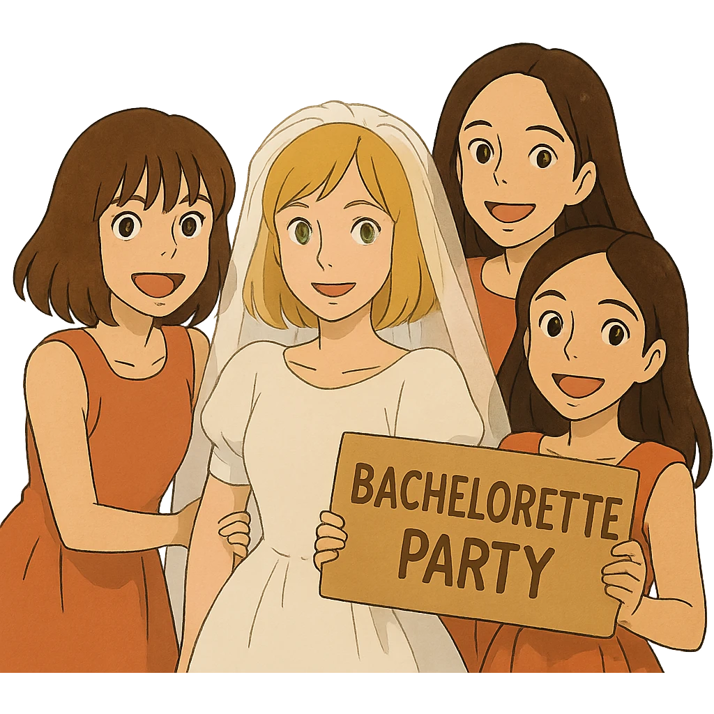 bachelorette party group of 4 girls, one with brown hair, blue eyes, fringe; two with brown hair; one bride with green eyes, blonde shoulder-length hair emoji