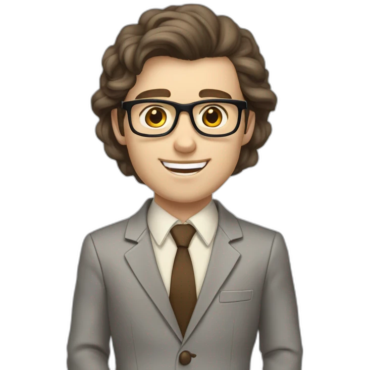 Pale skinned fit man with dark brown hair in gray jacket, beige office shirt, brown tie, brown pants and vintage glasses Writing on the tablet emoji
