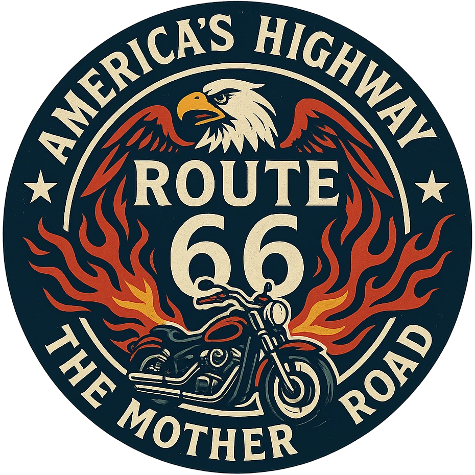 circular design for motorcycle cap, transparent background, text 'AMERICA'S HIGHWAY - ROUTE 66 - THE MOTHER ROAD', motif: motorcycle, flame, eagle, American style emoji