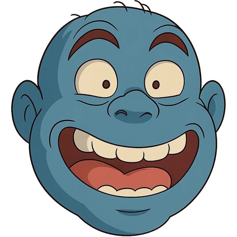 ghibli style blue face with a goofy, exaggerated expression emoji