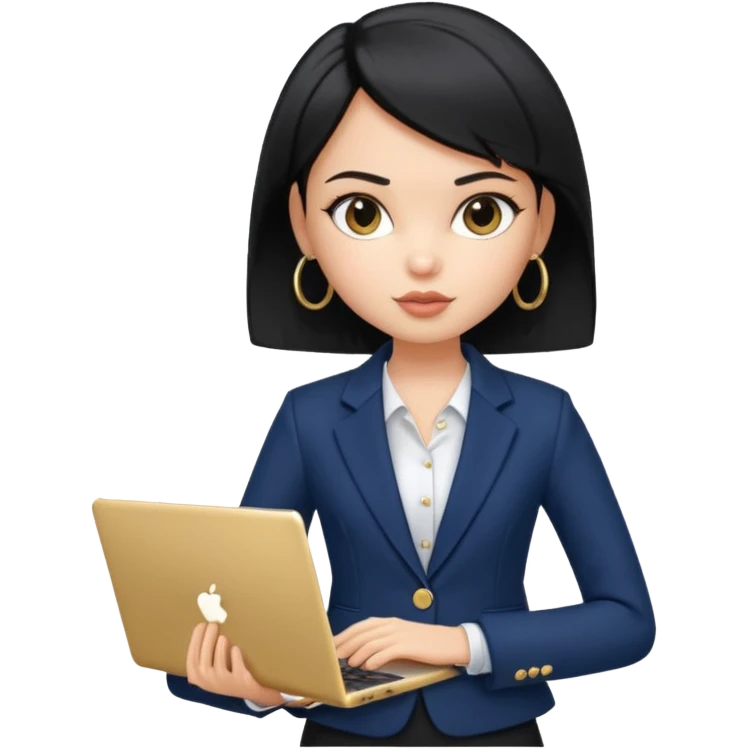 a pretty bratz girl with straight black short hair wearing a dark blue blazer and carrying a laptop. gold small hoops emoji