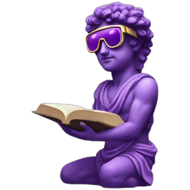 an EMOJI OF A ancient young greek statue reading a book, wearing VR glasses, purple colors, DIGITAL UNIVERSE emoji