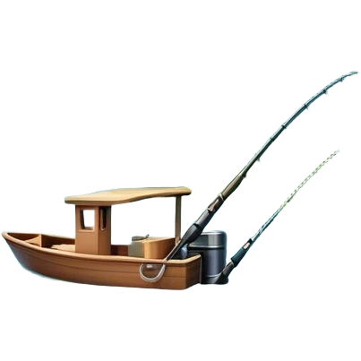 Icon for Fishing Travel: a boat on a calm lake surrounded by mountains and lush greenery, with fish jumping out of the water, a fishing rod, tackle box. The icon should capture the peaceful and adventurous nature of fishing trips. Transparent background. emoji