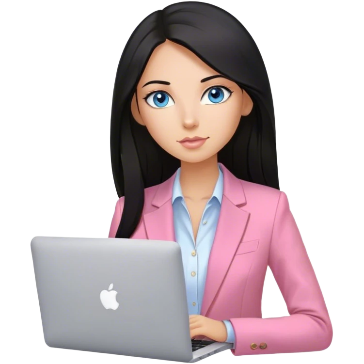 Beautiful russian girl, blue eyes, nude lips, tan, straight, smooth, long black hair, pink blazer, working with MacBook emoji