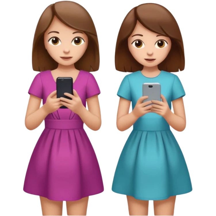 two brown haired girls, looking professional maybe leaned on each others back and looking forward and using phones, with longer hair and with some cute clothes without ties maybe dresses, one girl can hold lap top another one can hold the phone emoji