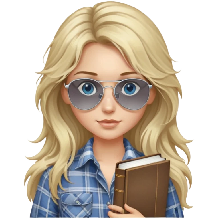 girl with long blond messy hair wearing grey plaid shirt with blue eyes and aviator sunglasses wearing a ring on her silver necklace, holding law books emoji