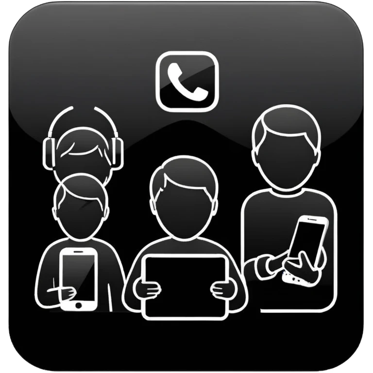 Minimalistic flat vector icon, iOS style, thin black contour on white background. Three small developer silhouettes around a smartphone with code brackets <>. Clean, no text, no shadows. emoji