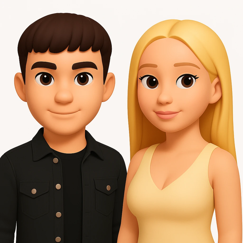 In the style of 3D Emoji, slightly increase the volume of the upper body of the girl, separate the girl and the boy from each other, and make the skin color the same for both characters. emoji