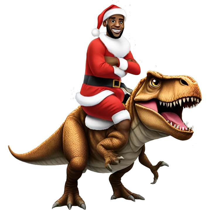 lebron james in a santa costume riding on top of a t-rex emoji