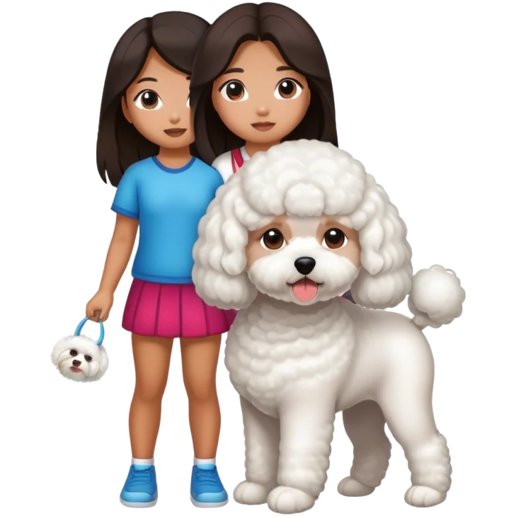 Asian girl with tanned skin and long hair and a bichon emoji