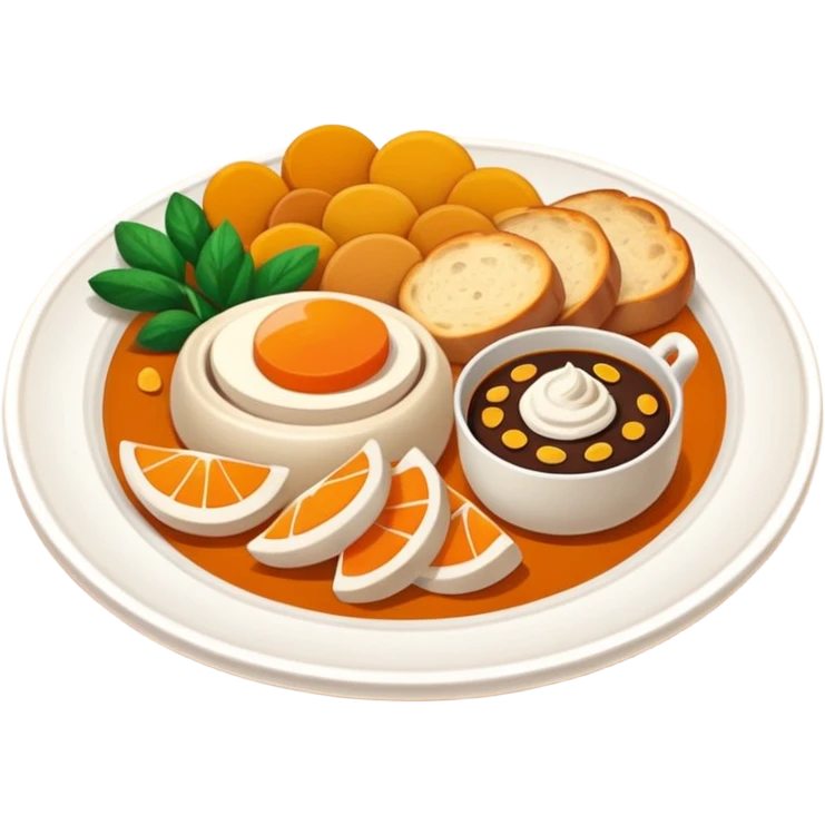 Homemade dishes on a plate, warm cozy colors, simple shapes, flat design, high contrast, friendly and inviting. emoji