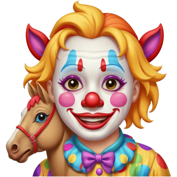 a crying but smiling and showing a peace sign clown face riding a horse emoji