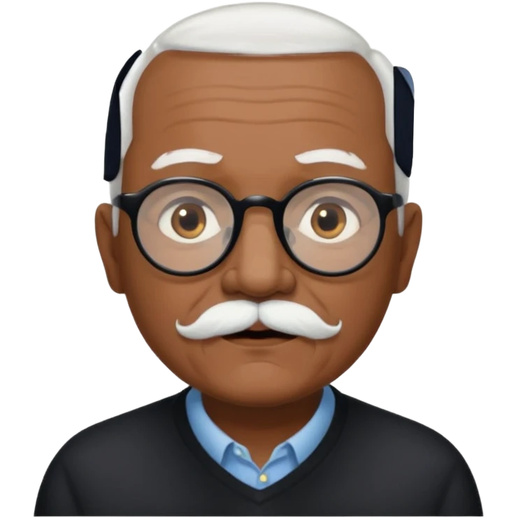 an elderly man with medium-dark skin tone, bald on top with short white hair at the sides, thick white eyebrows, large brown eyes, and wears black-framed glasses.
A small white mustache sits above his mouth emoji
